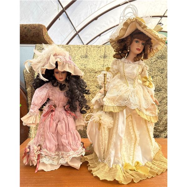 2 Porcelain Victorian-Style Dolls in Lace Dresses