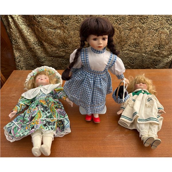 3 Porcelain Dolls with Patterned, Corduroy and Dorothy Wizard of Oz