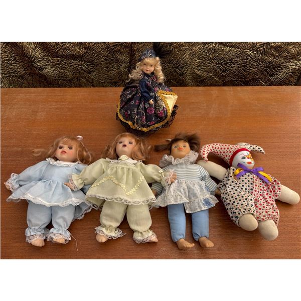 Five Porcelain Dolls Including Clown and Classic Period Attire Girls