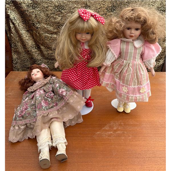 3 Porcelain Dolls in Floral, Plaid and Polka Dot Dresses