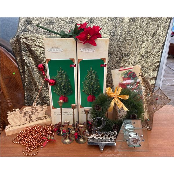 Christmas Decor Lot With Hallmark Trees, Candle Holders, Wreath, Star Basket