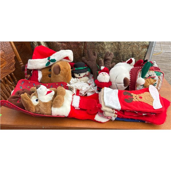Large Assorted Christmas Decor Lot with Stockings, Plush Figures, and Linens