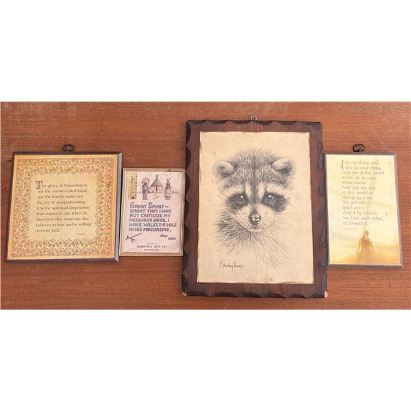 Plaques and Framed Art Including Raccoon Drawing