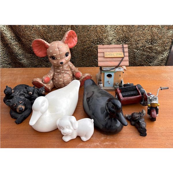 Figurine Lot: Ceramic Ducks, Puppy, Mouse, Bear Family, Mini General Store and Motorcycle