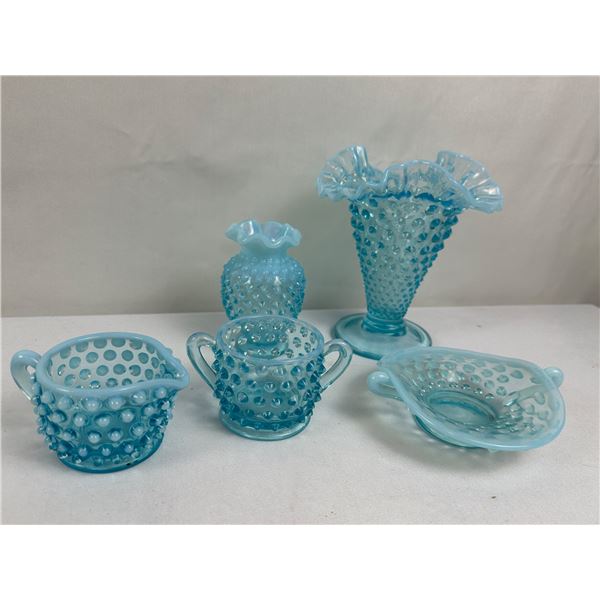 Vintage Fenton Blue Opalescent Hobnail Mini Dishes - Uranium or Manganese Glass