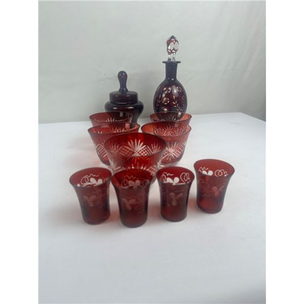 Vintage Deep Ruby Decanter, Shot Glasses, Covered Jar and Tumblers