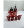 Image 1 : Vintage Deep Ruby Decanter, Shot Glasses, Covered Jar and Tumblers