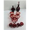 Image 2 : Vintage Deep Ruby Decanter, Shot Glasses, Covered Jar and Tumblers