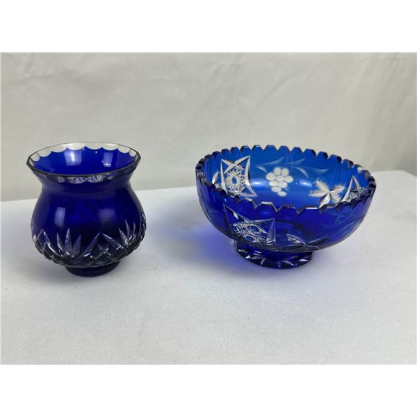 Vintage Cobalt Blue Cut-to-Clear Crystal Bowl and Vase