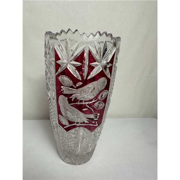 Vintage Lead Crystal Vase with Ruby Red Cut-to-Clear Birds Design