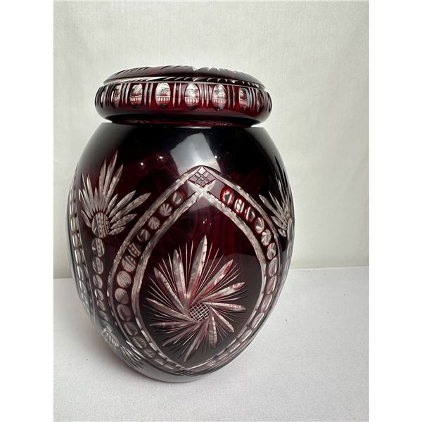 Vintage Very Large Bohemian Ruby Red Cut-to-Clear Crystal Vase/Urn with Lid