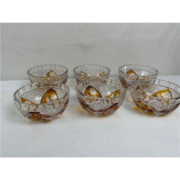 6 Vintage Julia Amber Cut-to-Clear Crystal Glass Bowls