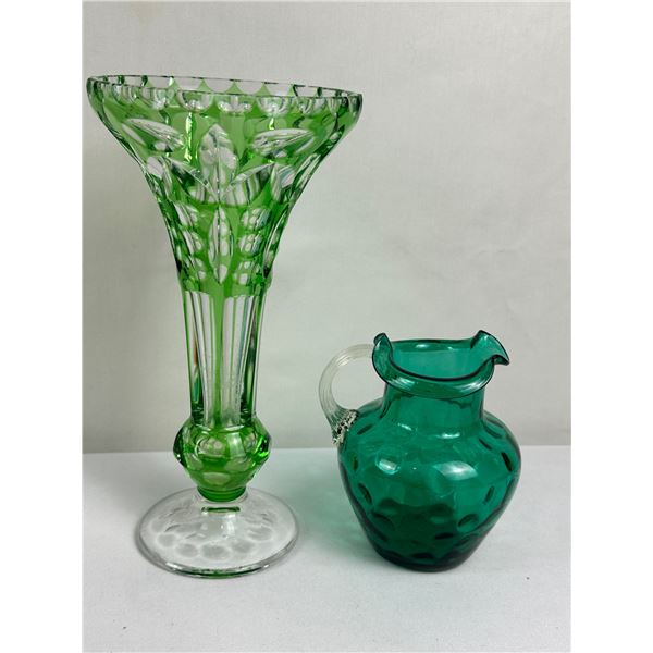 Vintage Emerald Green Cut-to-Clear Bohemian Crystal Vase and Small Green Pitcher