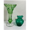 Image 1 : Vintage Emerald Green Cut-to-Clear Bohemian Crystal Vase and Small Green Pitcher