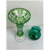 Image 2 : Vintage Emerald Green Cut-to-Clear Bohemian Crystal Vase and Small Green Pitcher