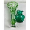 Image 3 : Vintage Emerald Green Cut-to-Clear Bohemian Crystal Vase and Small Green Pitcher