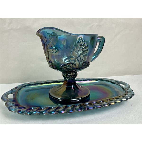 Vintage Blue Carnival Glass Creamer & Matching Tray
