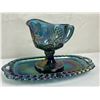 Image 1 : Vintage Blue Carnival Glass Creamer & Matching Tray