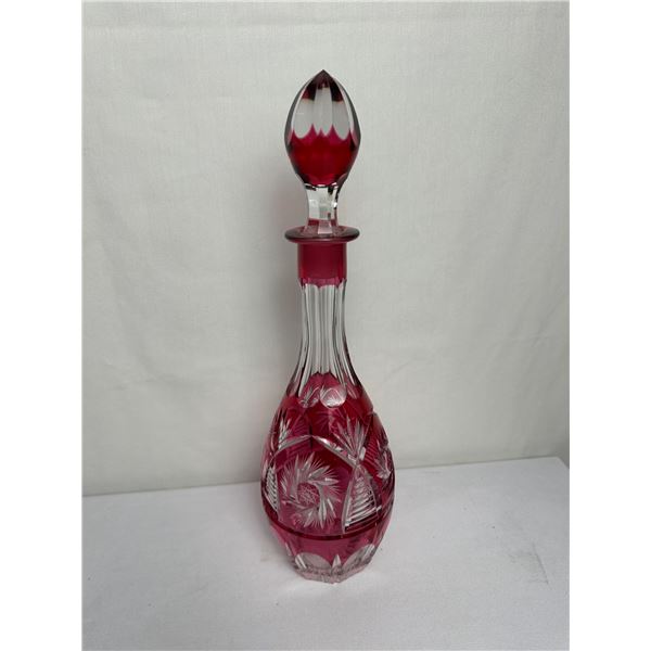 Heavy Vintage Cranberry Red Cut-to-Clear Decanter with Stopper