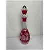 Image 1 : Heavy Vintage Cranberry Red Cut-to-Clear Decanter with Stopper