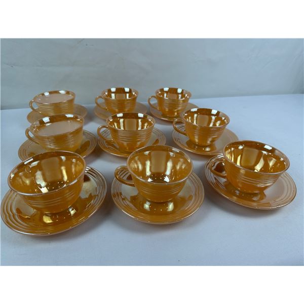 Set of 9 Vintage Fire-King Tea Cups/Saucers in the Peach Lustre Three Band Pattern