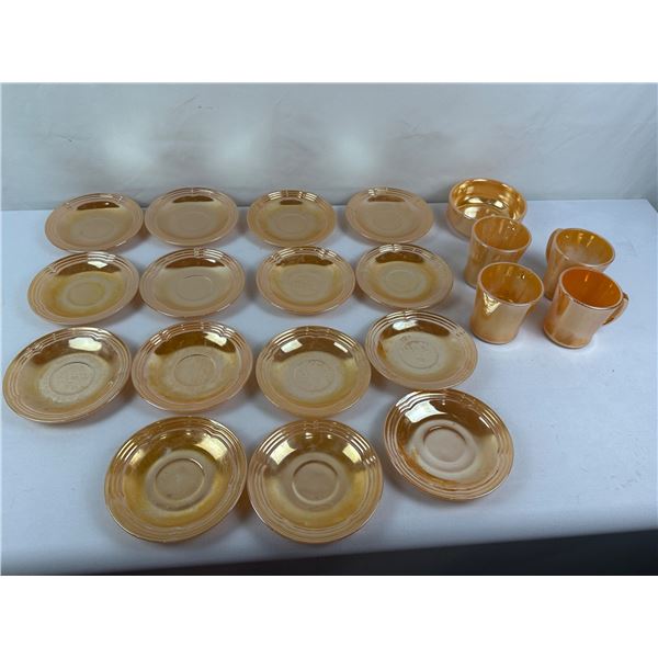 Vintage Fire-King Peach Lustre Coffee Mugs, Saucers & a Small Bowl