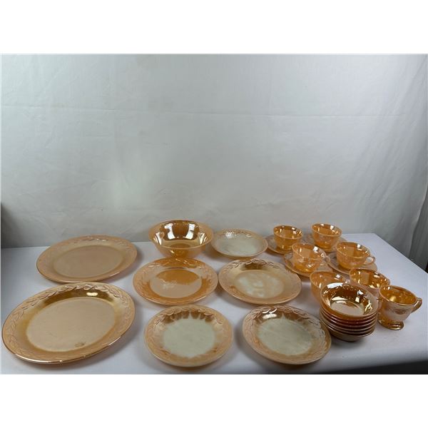 Vintage Fire-King Peach Lustre Tableware in the "Laurel Leaf" Pattern.
