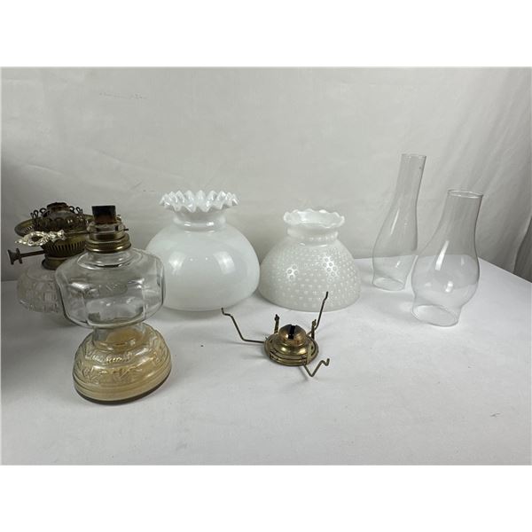 Two Vintage Clear Glass Oil Lamps with White Glass Shades