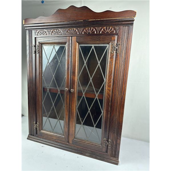Hanging Wooden Corner Display Shelf with Leaded Glass Doors