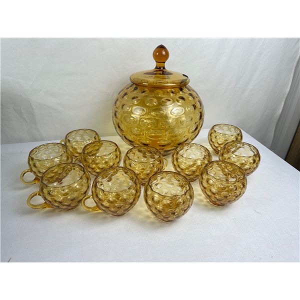 MCM Amber Bubble-Glass Punch Bowl with Lid & Round Glass Cups, 13-Piece Set