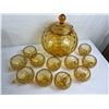 Image 2 : MCM Amber Bubble-Glass Punch Bowl with Lid & Round Glass Cups, 13-Piece Set