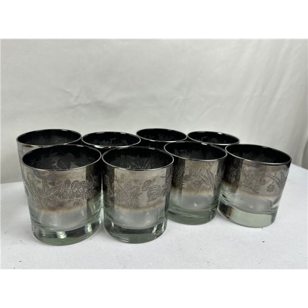 Vintage 1950-1960s Silver Ombre Fade & Embossed Botancial Leaf Motif Lowball Glasses