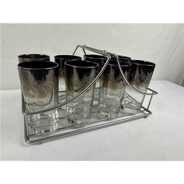 Vintage 1950-1960s Silver Ombre Fade & Textured Frosted Floral Rose Highball Glasses Caddy Beverage 