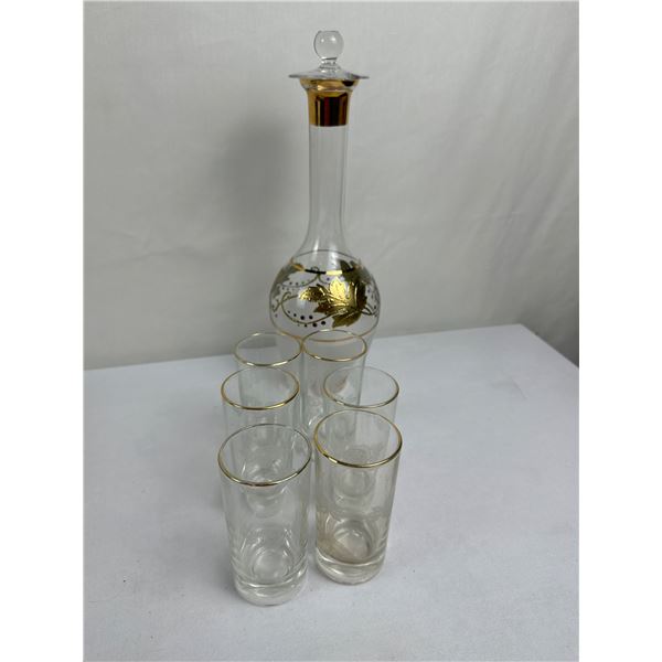 Vintage Hand-Painted Bohemia Crystal Frosted Decanter w/Lid and Shimmery Gold Leaves, and 6 Glasses 