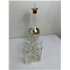 Image 1 : Vintage Hand-Painted Bohemia Crystal Frosted Decanter w/Lid and Shimmery Gold Leaves, and 6 Glasses 