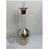 Image 2 : Vintage Hand-Painted Bohemia Crystal Frosted Decanter w/Lid and Shimmery Gold Leaves, and 6 Glasses 