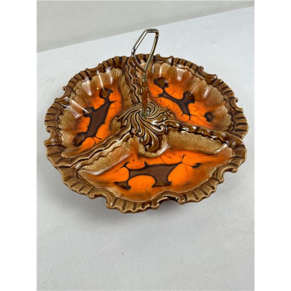 Vintage 1960-1970s Belgo Canadian Glazed Ceramic 3-Section Serving Dish with Middle Handle