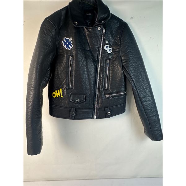 Black Faux-Leather Bomber Jacket with Fabric Decals on front and back