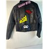 Image 3 : Black Faux-Leather Bomber Jacket with Fabric Decals on front and back