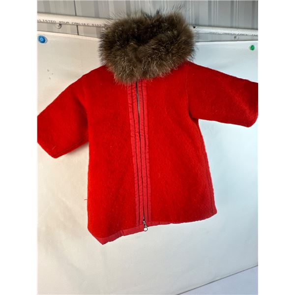 Inuit Wool Jacket with Fur Hood, Red-Orange