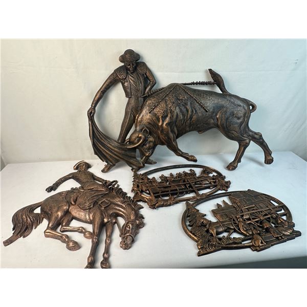 Vintage 1968 CopperCraft Guild Wall Hangings - Matador & Bull, Cowboy on Bucking Horse, Sleigh Ride 