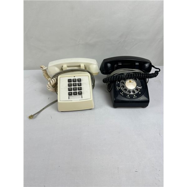 2 Vintage Northern Electric Model 2500 Cream Push-Button Desk Telephone & Black Rotary Desk Telephon