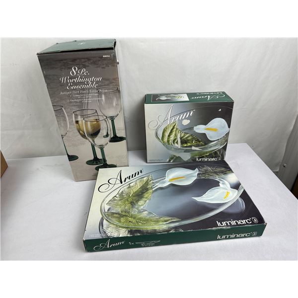 New 8 Libbey Green Candlestick Holders & Goblets Set & 2 Luminarc Salad Bowl and Platter