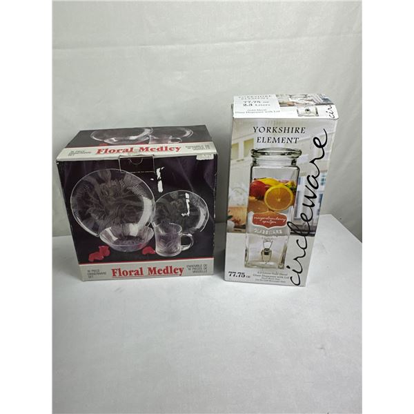 New Floral Medley 16-Piece Dinnerware Set & Gold Decal 2.3 Litres Glass Dispenser with Lid