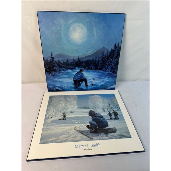 2 Wood Hockey Pictures 18"x 18" & 16"x20"