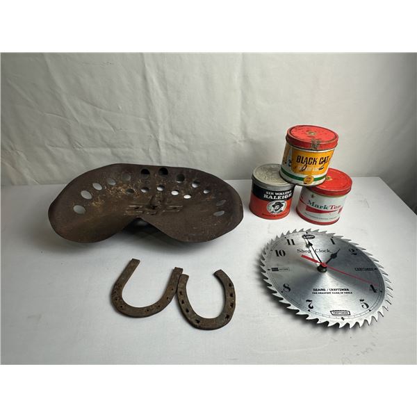 Farm-Man Cave lot--implement seat, Tobacco tins, horseshoes, shop clock