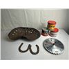 Image 1 : Farm-Man Cave lot--implement seat, Tobacco tins, horseshoes, shop clock