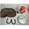 Image 3 : Farm-Man Cave lot--implement seat, Tobacco tins, horseshoes, shop clock