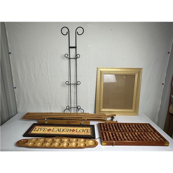 Vintage wood decor-vintage game board lot, game board, wood rack, plate rack, abacus board