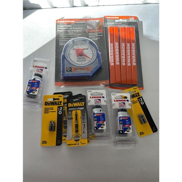 Tool Lot Swanson Angle Finder + Carpenter Pencils + 3 Lenox Bi-Metal Hole Saws + DeWalt Bits